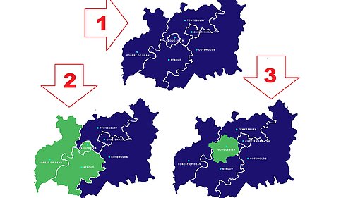 Maps of the three reorganisation options